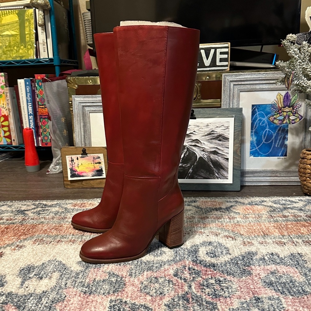 Anthropologie Tall Red Leather Heeled Boots